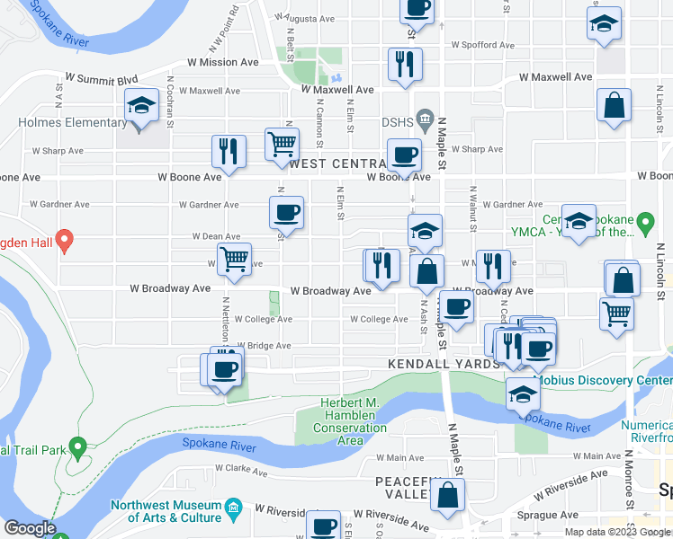map of restaurants, bars, coffee shops, grocery stores, and more near 1903 West Mallon Avenue in Spokane