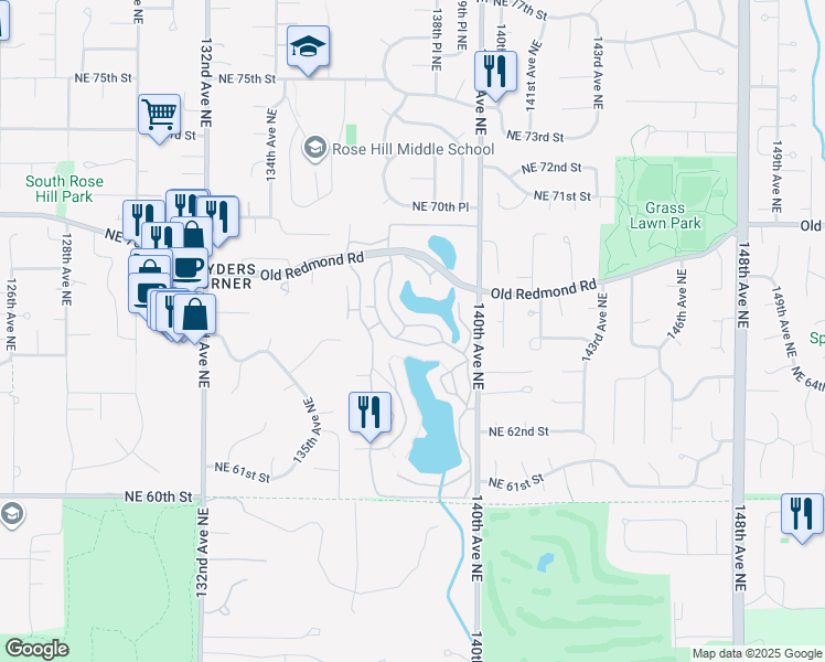 map of restaurants, bars, coffee shops, grocery stores, and more near 6674 138th Avenue Northeast in Redmond