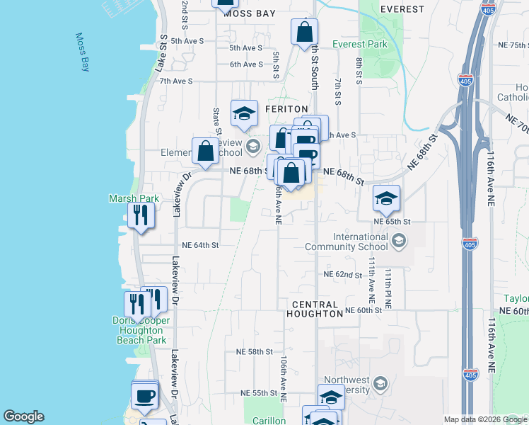 map of restaurants, bars, coffee shops, grocery stores, and more near 6523 106th Avenue Northeast in Kirkland