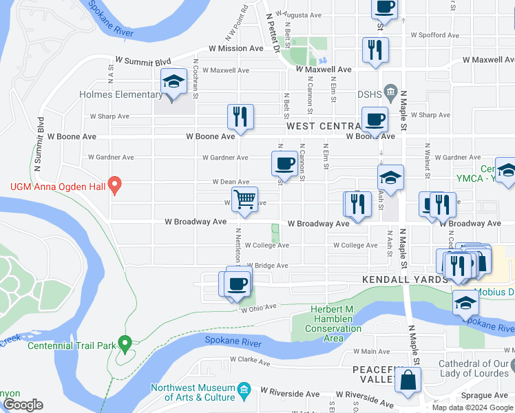 map of restaurants, bars, coffee shops, grocery stores, and more near 2203 West Mallon Avenue in Spokane