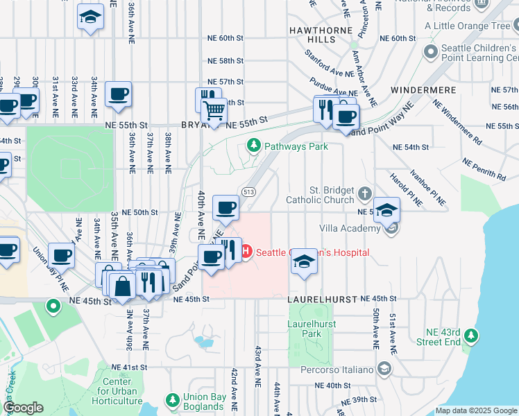 map of restaurants, bars, coffee shops, grocery stores, and more near 4256 Northeast 50th Street in Seattle