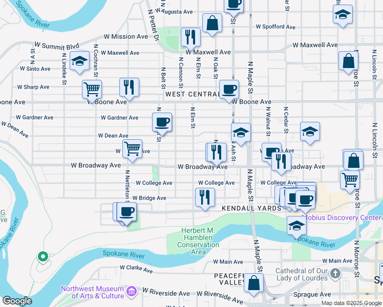 map of restaurants, bars, coffee shops, grocery stores, and more near 1912 West Mallon Avenue in Spokane