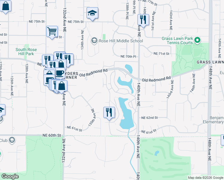 map of restaurants, bars, coffee shops, grocery stores, and more near 6667 138th Avenue Northeast in Redmond