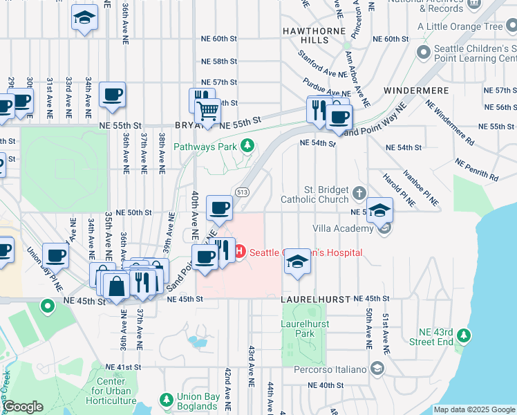 map of restaurants, bars, coffee shops, grocery stores, and more near 5021 Sand Point Place Northeast in Seattle