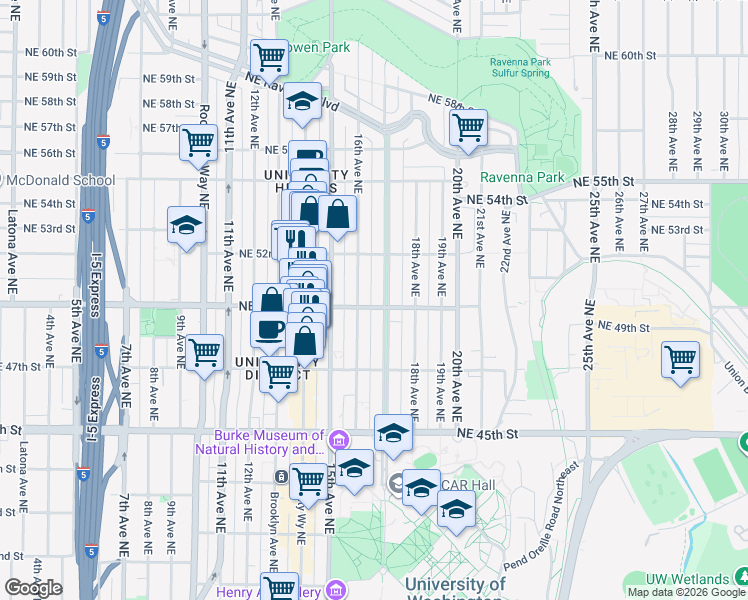 map of restaurants, bars, coffee shops, grocery stores, and more near in Seattle