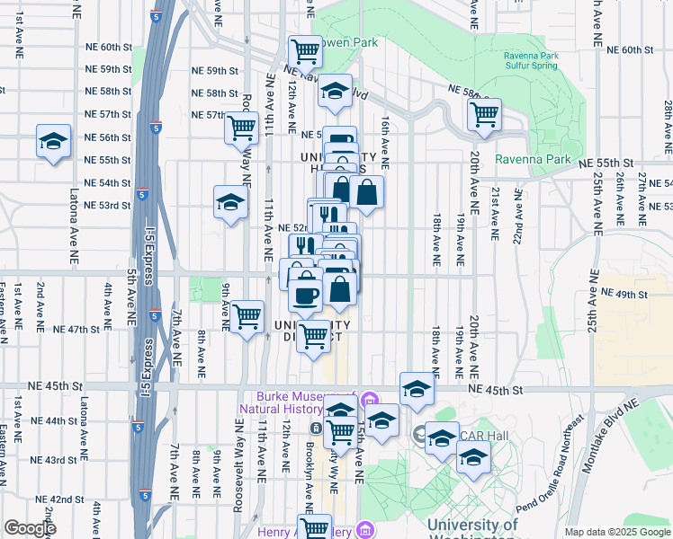 map of restaurants, bars, coffee shops, grocery stores, and more near 5006 University Way Northeast in Seattle
