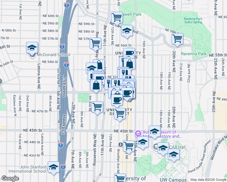 map of restaurants, bars, coffee shops, grocery stores, and more near 5021 Brooklyn Avenue Northeast in Seattle
