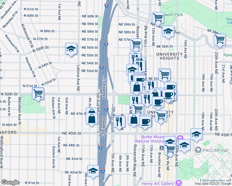 map of restaurants, bars, coffee shops, grocery stores, and more near 5016 7th Avenue Northeast in Seattle