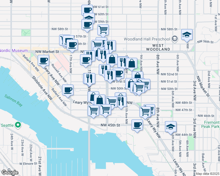 map of restaurants, bars, coffee shops, grocery stores, and more near 1153 Northwest 51st Street in Seattle