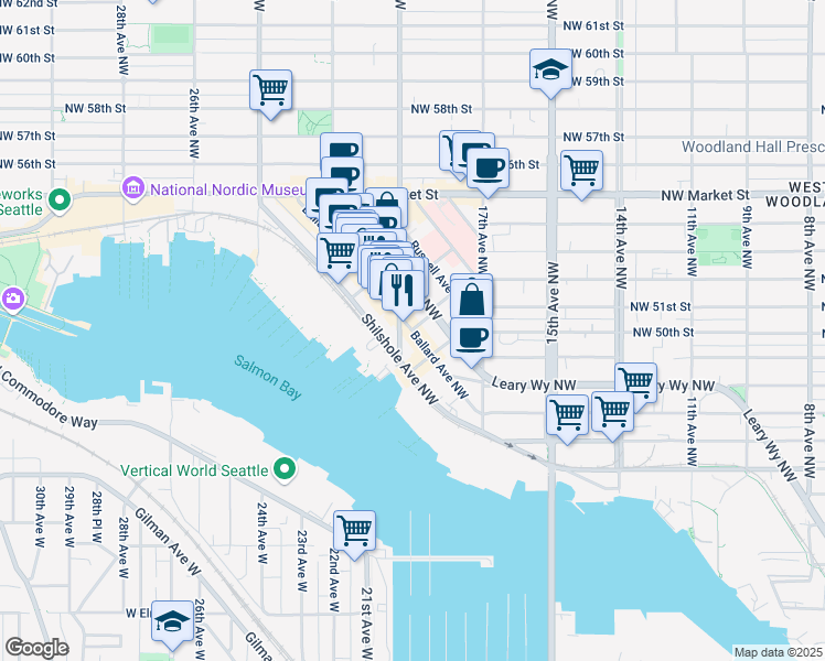 map of restaurants, bars, coffee shops, grocery stores, and more near Ballard Ave NW & NW Ione Pl in Seattle