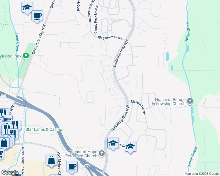 map of restaurants, bars, coffee shops, grocery stores, and more near 1415 Northwest Santa Fe Lane in Silverdale