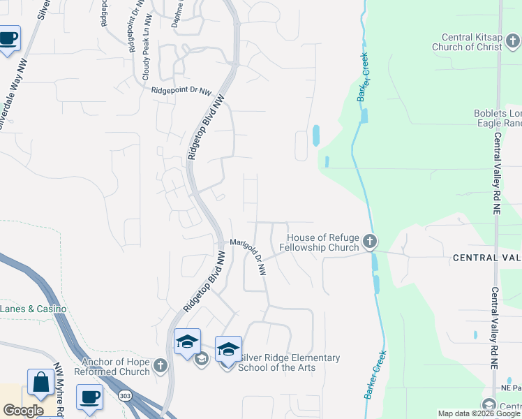 map of restaurants, bars, coffee shops, grocery stores, and more near 1064 Northwest Poppy Court in Silverdale