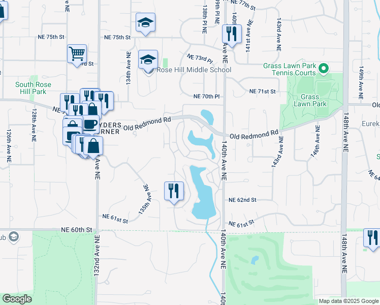 map of restaurants, bars, coffee shops, grocery stores, and more near 6667 138th Avenue Northeast in Redmond