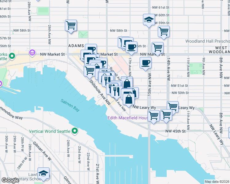 map of restaurants, bars, coffee shops, grocery stores, and more near 5126 Leary Avenue Northwest in Seattle