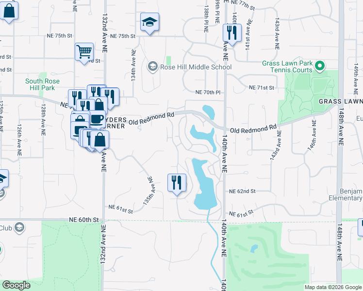 map of restaurants, bars, coffee shops, grocery stores, and more near 6667 138th Avenue Northeast in Redmond