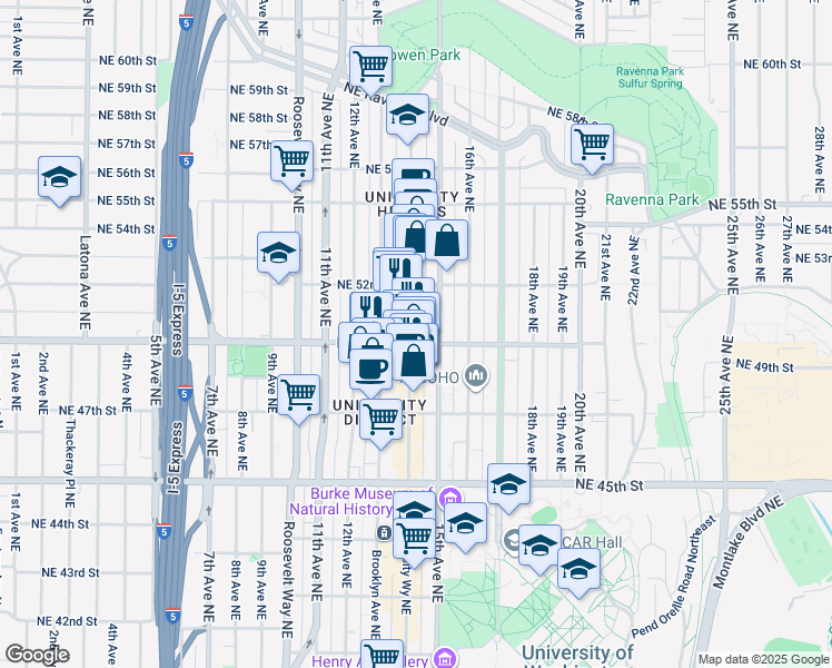 map of restaurants, bars, coffee shops, grocery stores, and more near 5006 University Way Northeast in Seattle