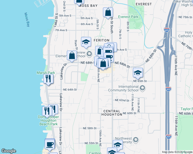 map of restaurants, bars, coffee shops, grocery stores, and more near 6527 106th Avenue Northeast in Kirkland