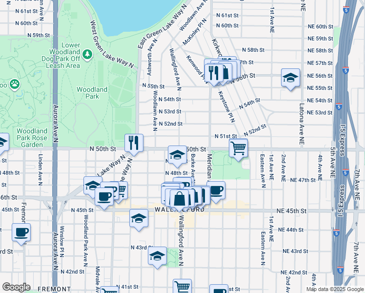 map of restaurants, bars, coffee shops, grocery stores, and more near 1819 North 51st Street in Seattle