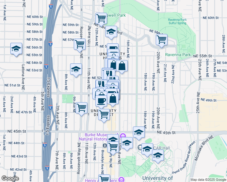 map of restaurants, bars, coffee shops, grocery stores, and more near 5006 University Way Northeast in Seattle