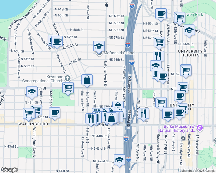 map of restaurants, bars, coffee shops, grocery stores, and more near in Seattle