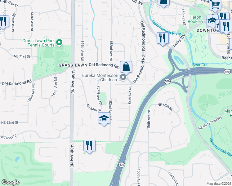map of restaurants, bars, coffee shops, grocery stores, and more near 15306 Northeast 66th Court in Redmond