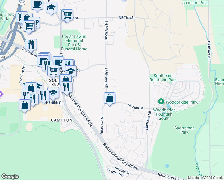 map of restaurants, bars, coffee shops, grocery stores, and more near 18593 Northeast 67th Court in Redmond