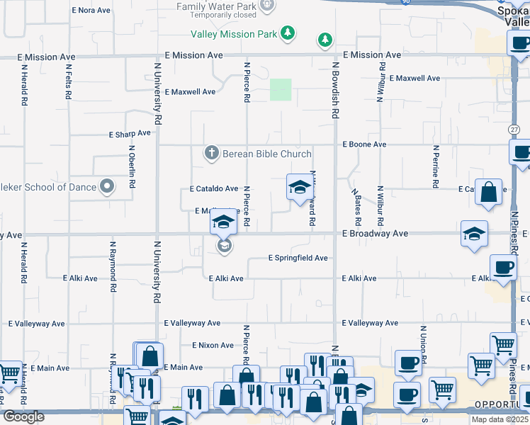 map of restaurants, bars, coffee shops, grocery stores, and more near 907 Johnson Court in Spokane Valley