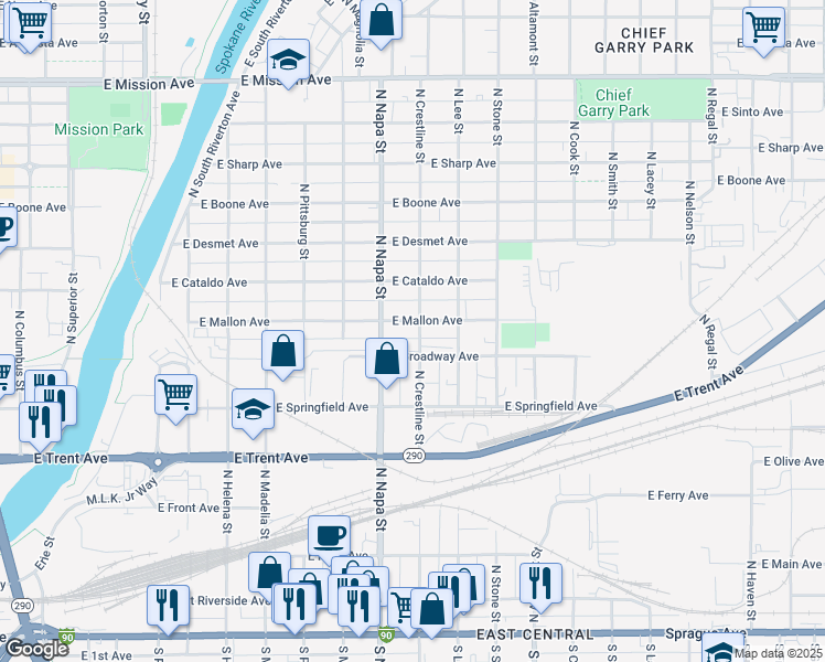 map of restaurants, bars, coffee shops, grocery stores, and more near 2104 East Mallon Avenue in Spokane