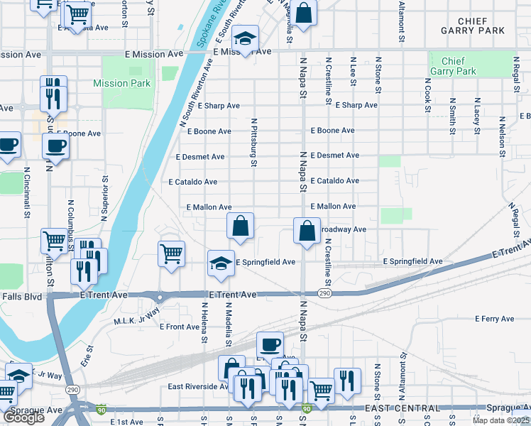 map of restaurants, bars, coffee shops, grocery stores, and more near 1803 East Mallon Avenue in Spokane