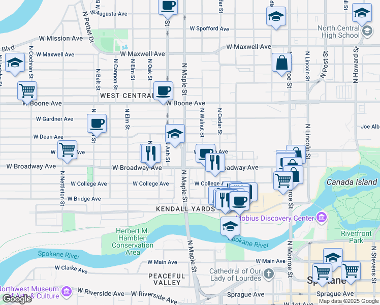 map of restaurants, bars, coffee shops, grocery stores, and more near 1518 West Mallon Avenue in Spokane