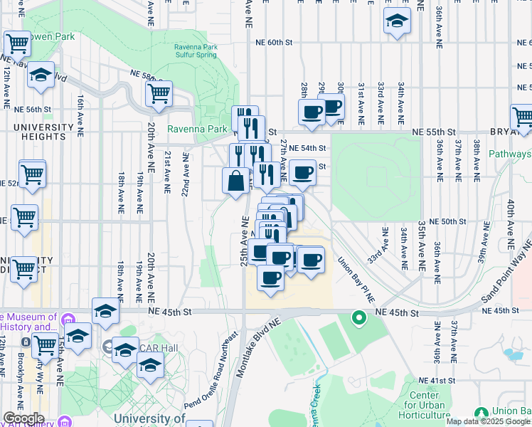 map of restaurants, bars, coffee shops, grocery stores, and more near 5000 25th Avenue Northeast in Seattle