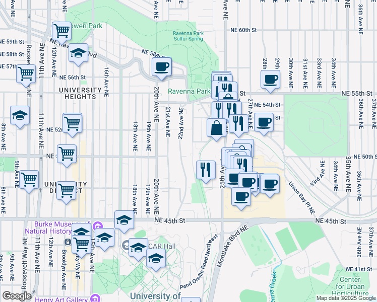 map of restaurants, bars, coffee shops, grocery stores, and more near 5009 Ravenna Avenue Northeast in Seattle