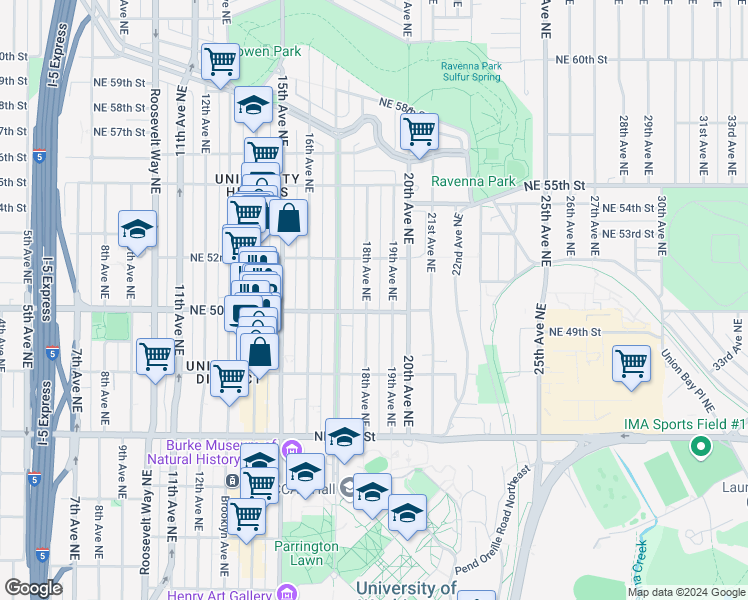 map of restaurants, bars, coffee shops, grocery stores, and more near 5019 18th Avenue Northeast in Seattle