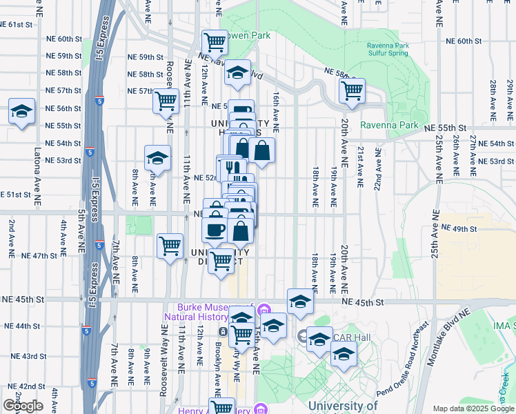 map of restaurants, bars, coffee shops, grocery stores, and more near 5018 16th Avenue Northeast in Seattle