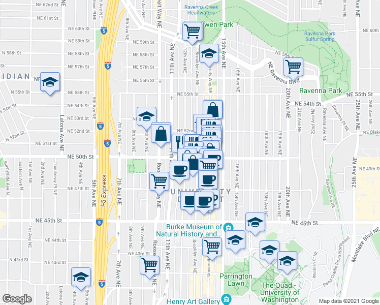 map of restaurants, bars, coffee shops, grocery stores, and more near 5021 Brooklyn Avenue Northeast in Seattle