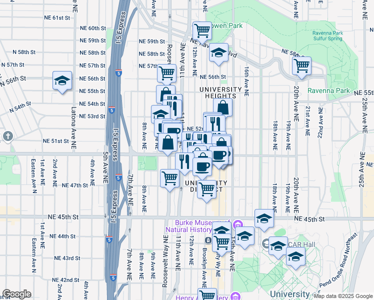 map of restaurants, bars, coffee shops, grocery stores, and more near 5018 11th Avenue Northeast in Seattle