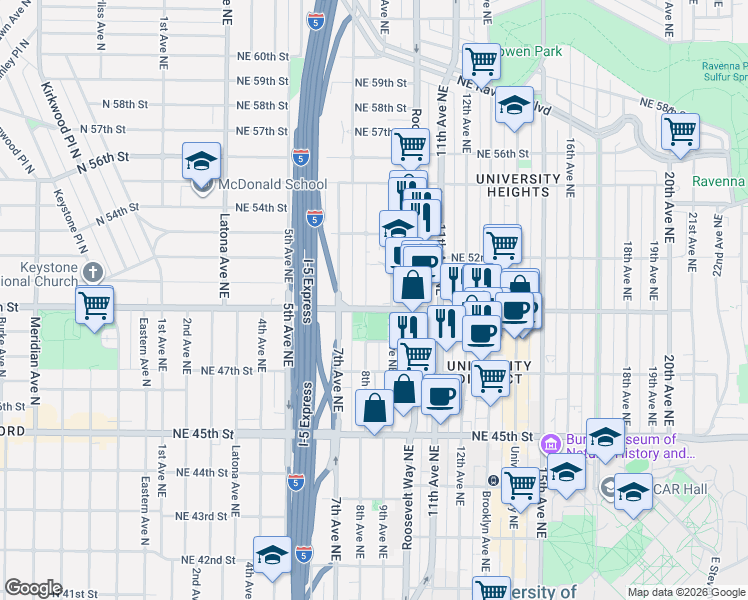 map of restaurants, bars, coffee shops, grocery stores, and more near 5014 8th Avenue Northeast in Seattle