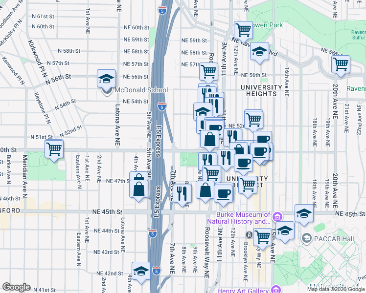 map of restaurants, bars, coffee shops, grocery stores, and more near 5016 7th Avenue Northeast in Seattle