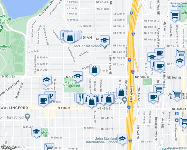 map of restaurants, bars, coffee shops, grocery stores, and more near 101 Northeast 51st Street in Seattle