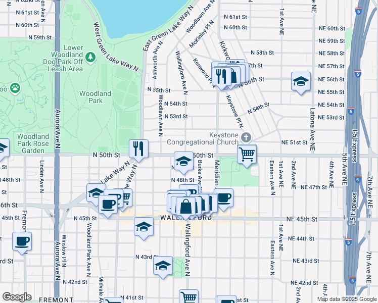 map of restaurants, bars, coffee shops, grocery stores, and more near 1819 North 51st Street in Seattle