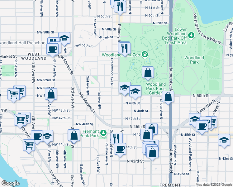 map of restaurants, bars, coffee shops, grocery stores, and more near 5014 Greenwood Avenue North in Seattle