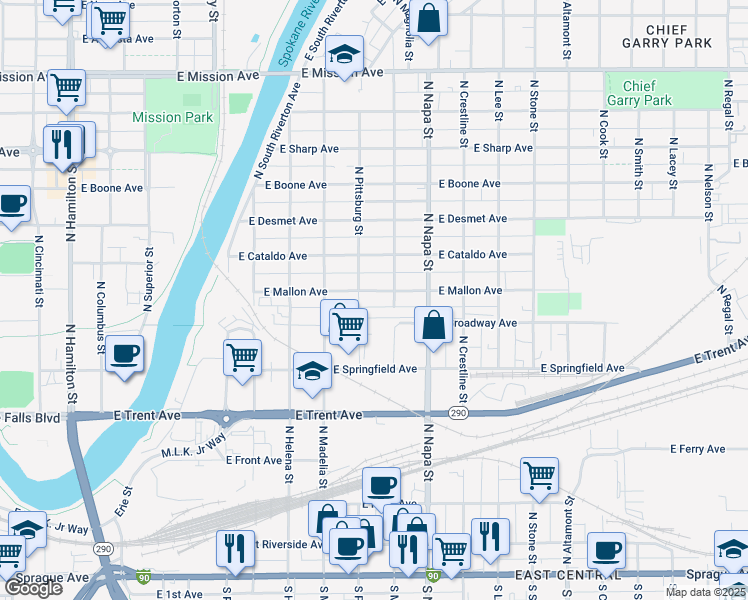 map of restaurants, bars, coffee shops, grocery stores, and more near 1803 East Mallon Avenue in Spokane