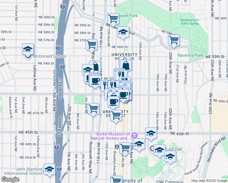 map of restaurants, bars, coffee shops, grocery stores, and more near 5021 Brooklyn Avenue Northeast in Seattle