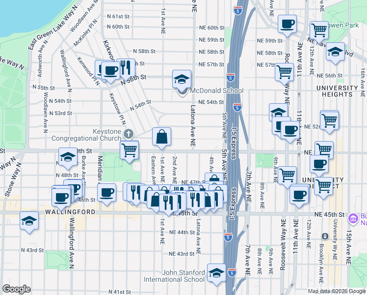map of restaurants, bars, coffee shops, grocery stores, and more near in Seattle