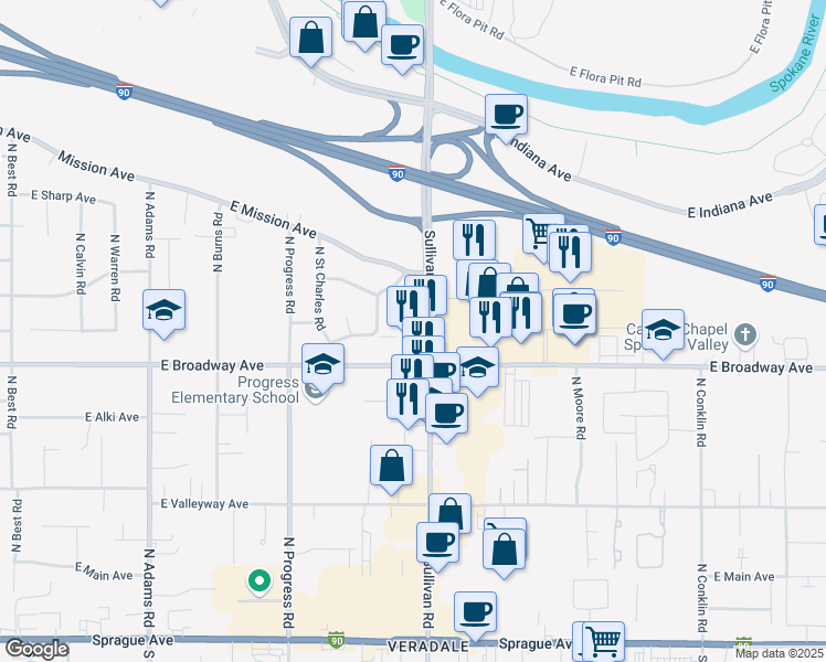 map of restaurants, bars, coffee shops, grocery stores, and more near 901 North Sullivan Road in Spokane Valley