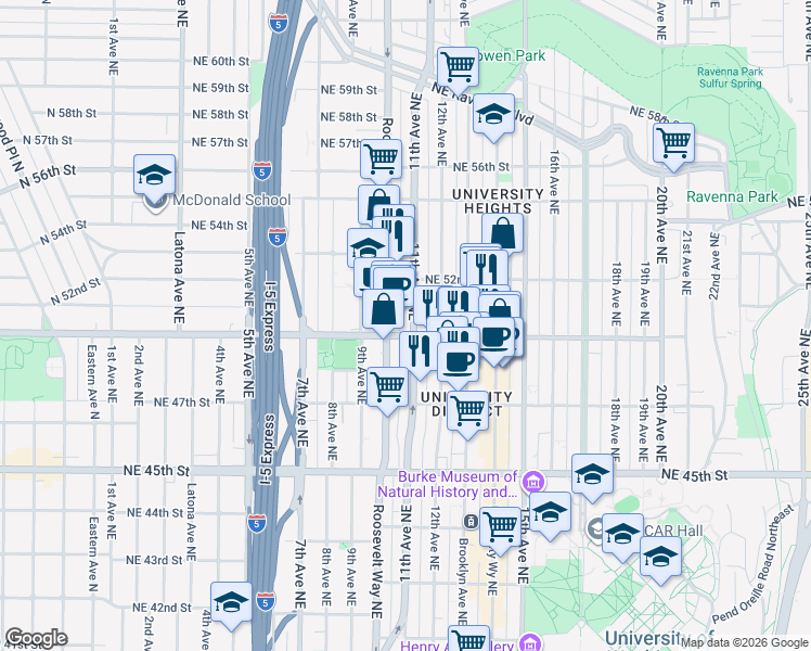 map of restaurants, bars, coffee shops, grocery stores, and more near 1020 Northeast 50th Street in Seattle