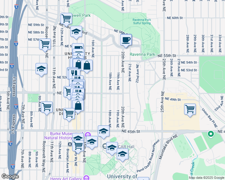 map of restaurants, bars, coffee shops, grocery stores, and more near 5019 18th Avenue Northeast in Seattle