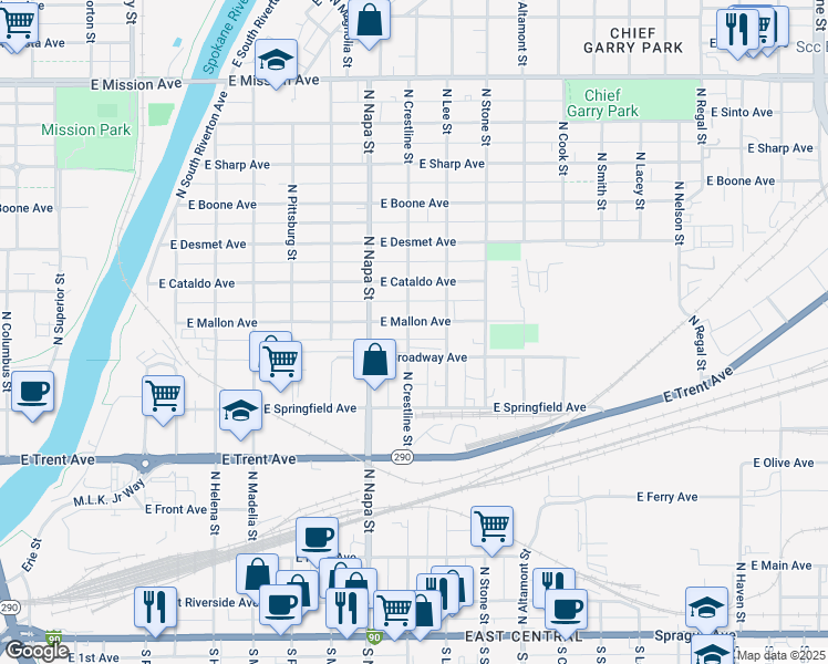 map of restaurants, bars, coffee shops, grocery stores, and more near 2104 East Mallon Avenue in Spokane