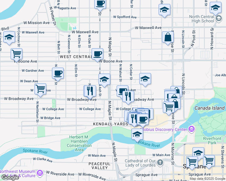 map of restaurants, bars, coffee shops, grocery stores, and more near 1527 West Mallon Avenue in Spokane