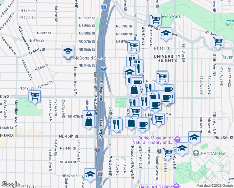 map of restaurants, bars, coffee shops, grocery stores, and more near 5016 7th Avenue Northeast in Seattle